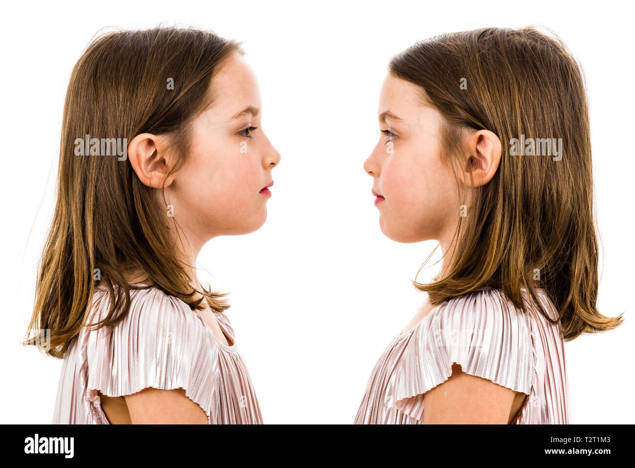 Identical twin girls are looking at each other being serious. Concept of family and sisterly love. Profile side view of identical twin sisters looking Stock Photo