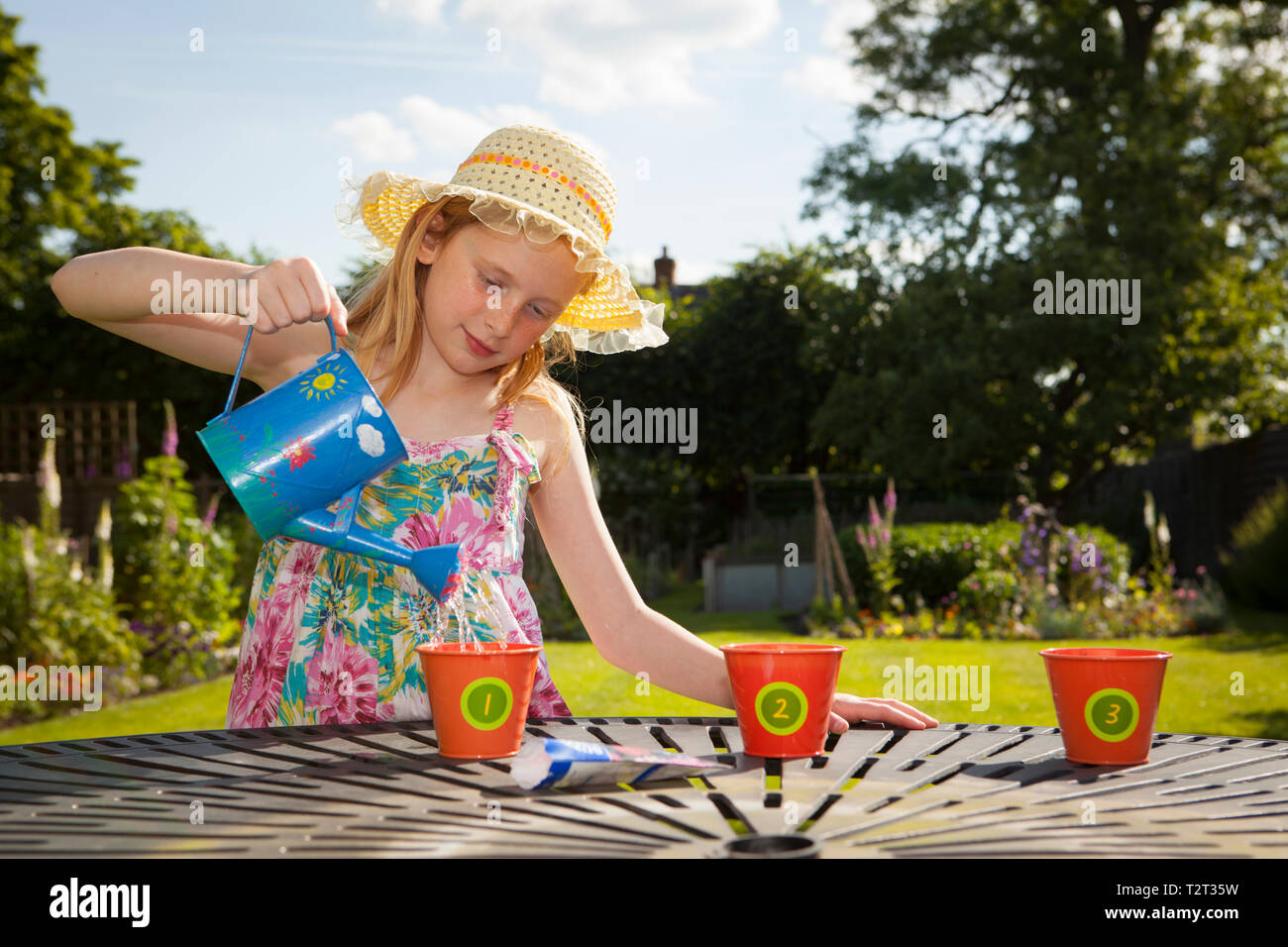 Pre teen caucasian girl watering flower pots in a garden Stock Photo