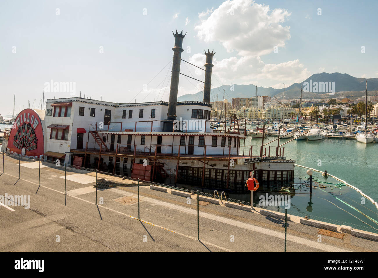 The Mississippi Steam Boat 'Willow' half sunken, tied up at the Marina Benalmádena Puerto. Port. Andalusia, Spain. Stock Photo