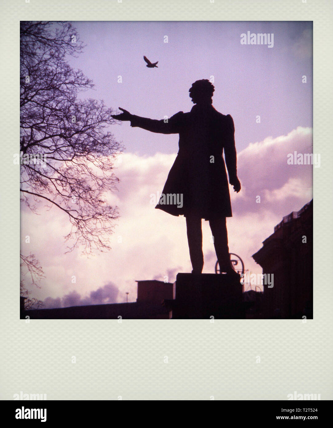 Polaroid effect in Pushkin monument in St. Petersburg, URSS 70s Stock Photo