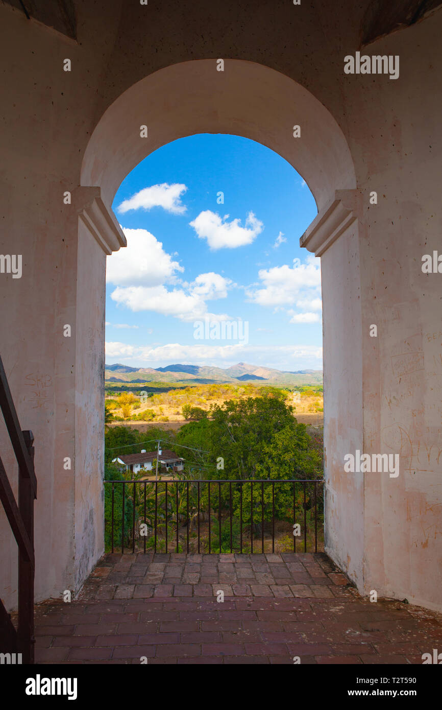 View from the top Manaca Iznaga old slavery tower near Trinidad, Cuba. The Manaca Iznaga Tower is the tallest lookout tower ever built in the Caribbea Stock Photo