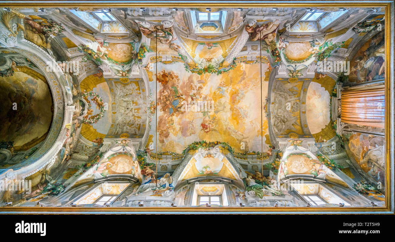 Frescoed vault with 'Apotheosis of Saint Dominic' by Domenico Maria Canuti in the Church of Santi Domenico e Sisto in Rome, Italy. Stock Photo