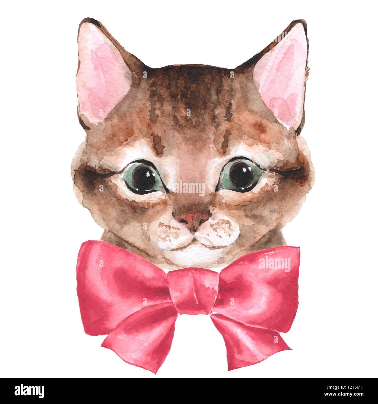 Cute cat with bow. Hand painting watercolor illustration Stock Photo