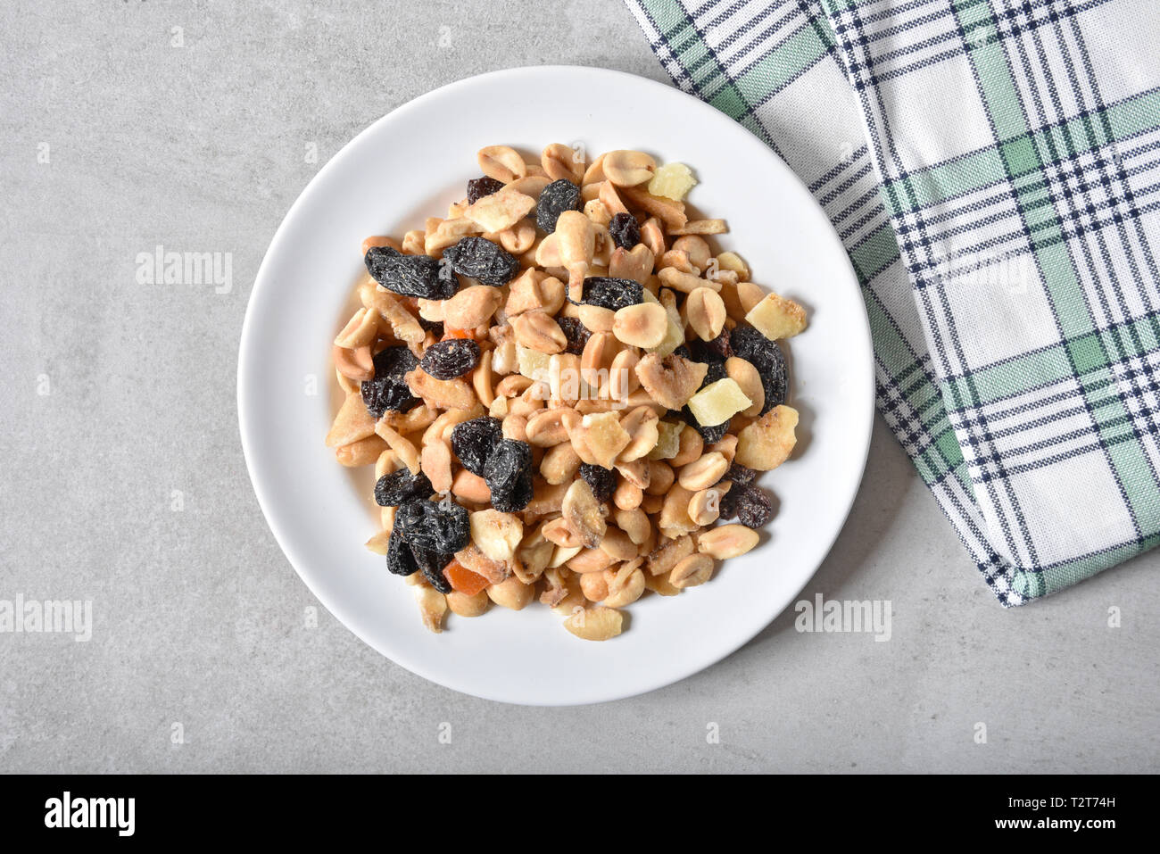 Overhead view of a healthy tropical fruit and nut trail mix snack Stock Photo Alamy