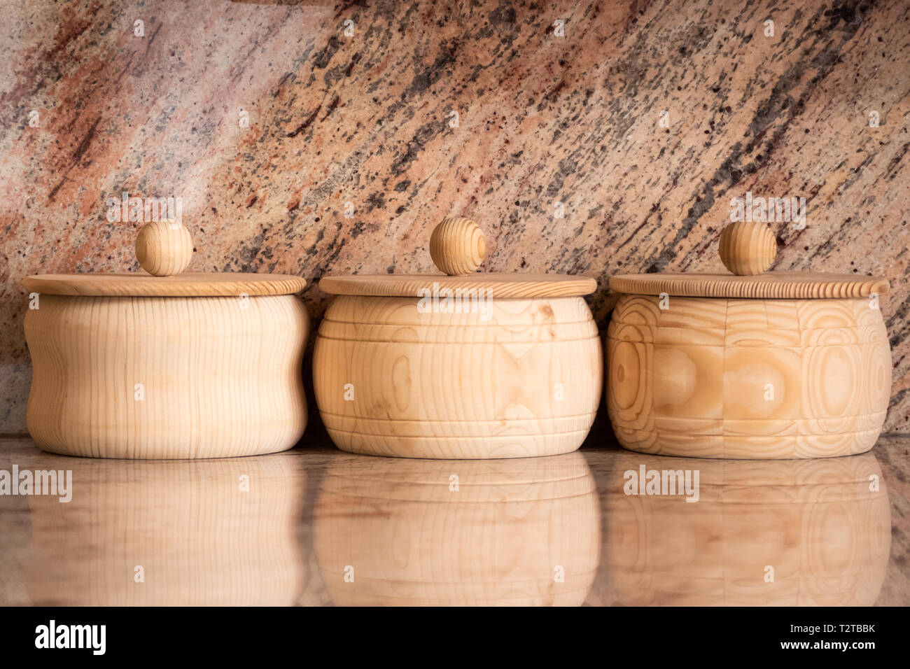 wooden bowls in the kitchen Stock Photo