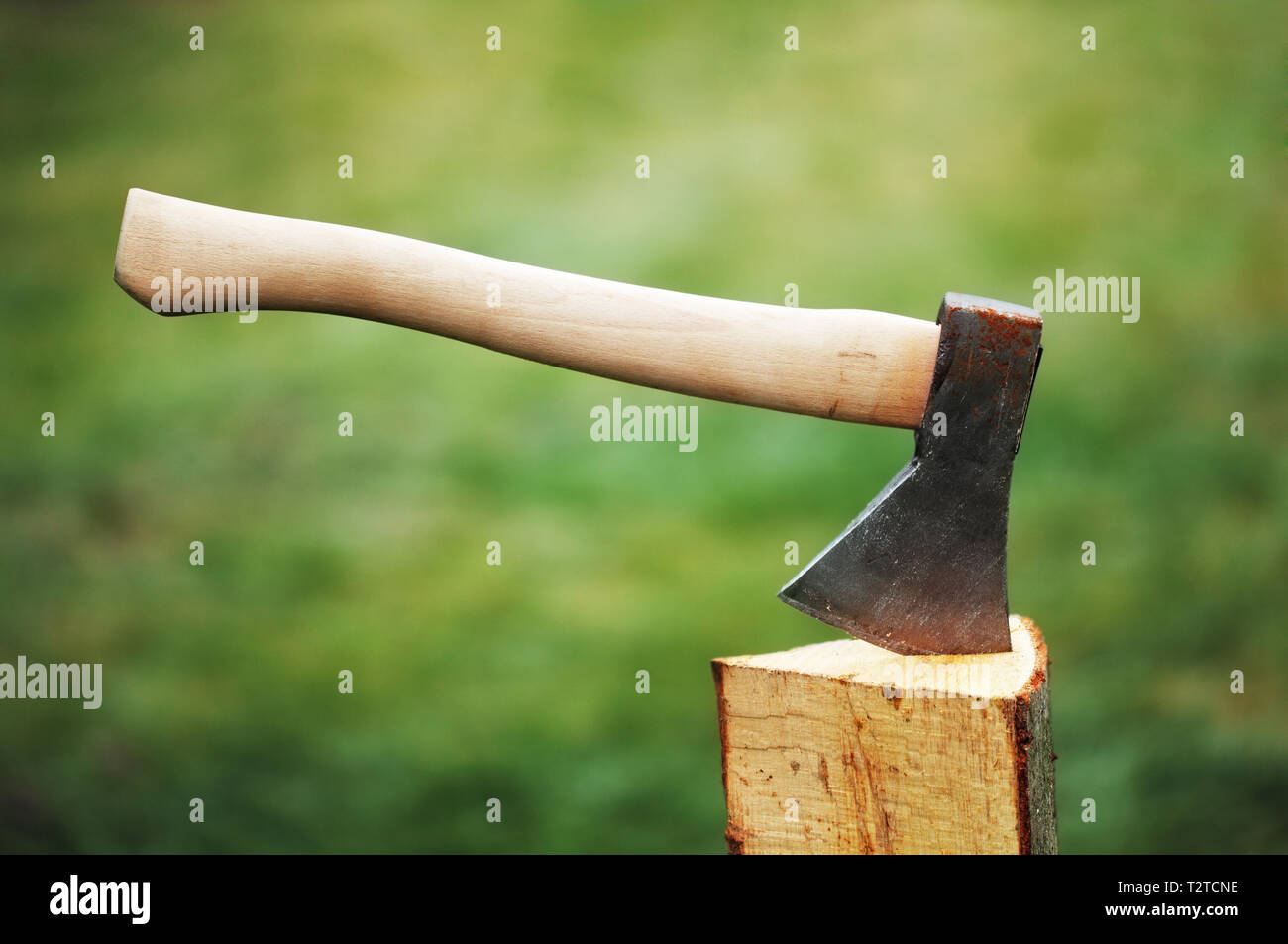 Ax in a log on the background of green grass Stock Photo