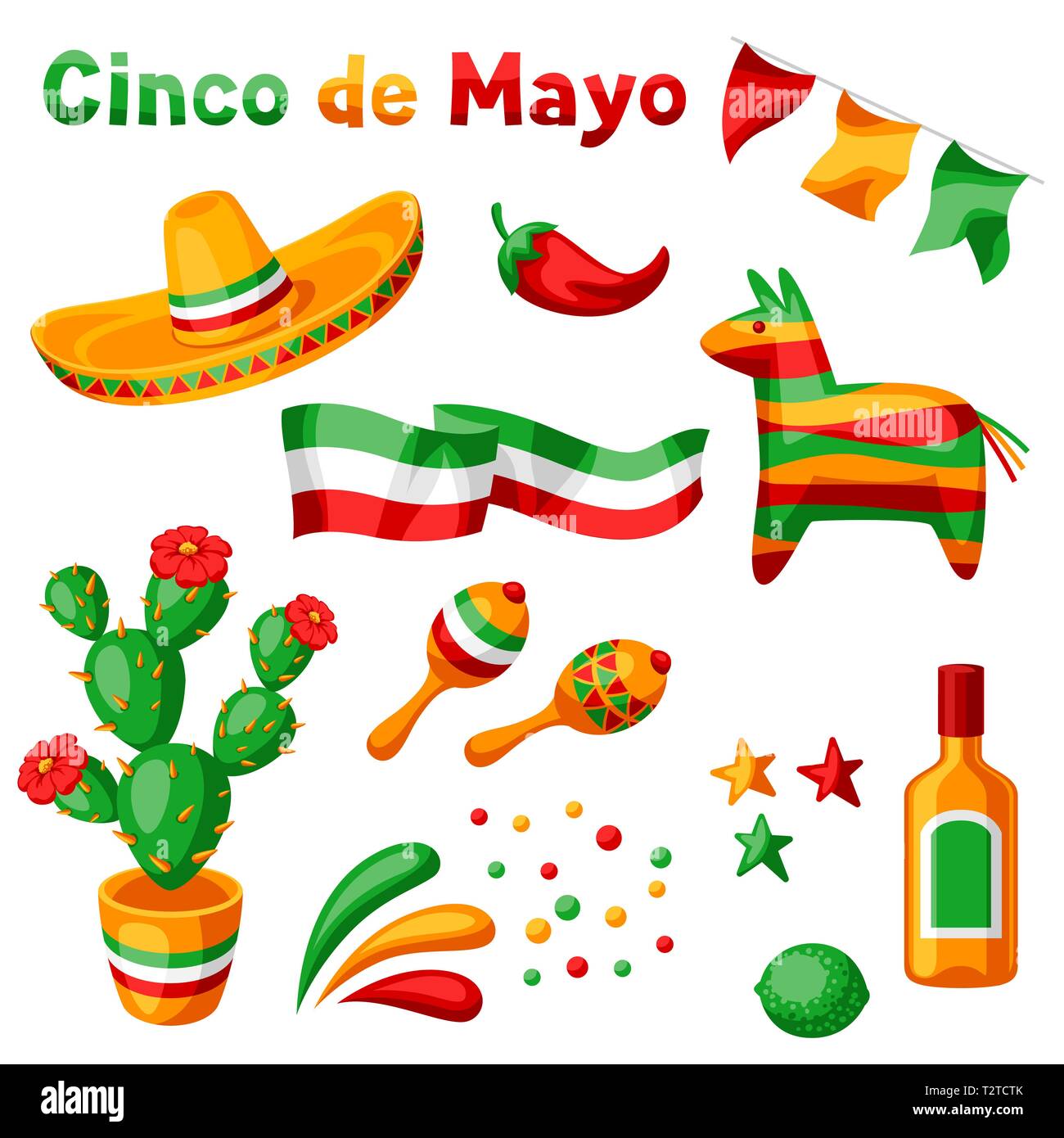Mexican Cinco de Mayo set of objects. National holiday items. Stock Vector