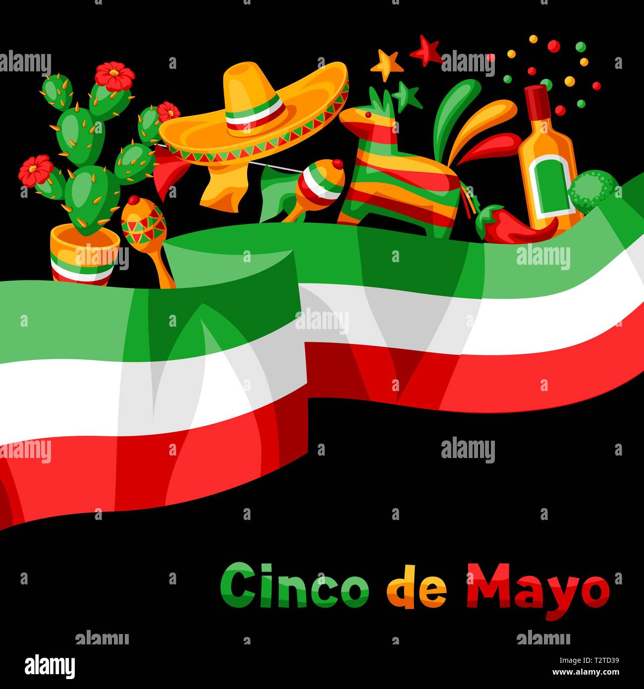 Mexican Cinco de Mayo greeting card. National holiday items Stock
