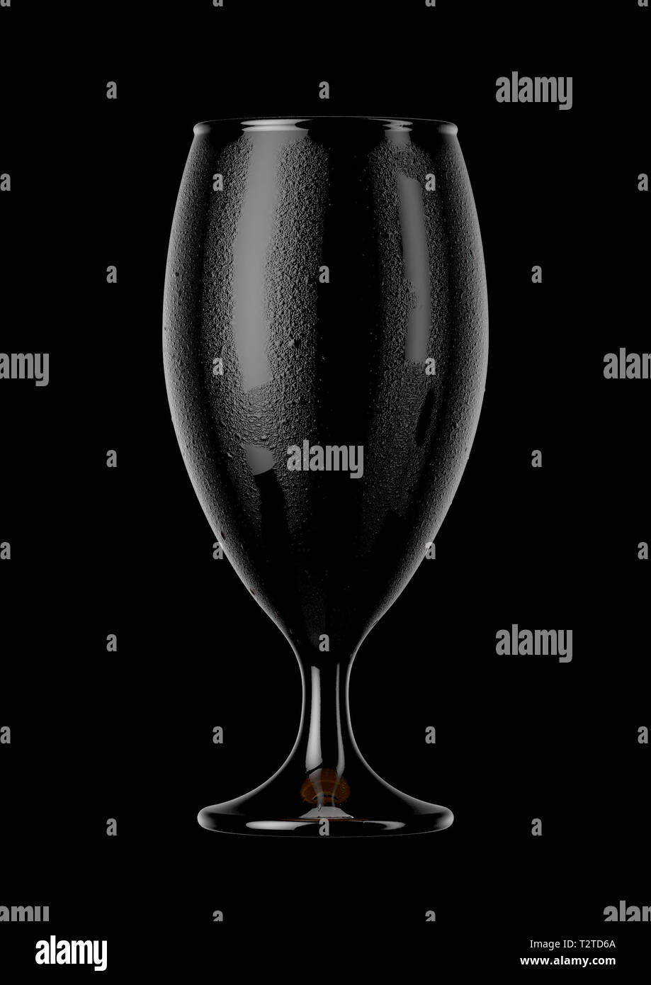 An abstract dark view of a black reflective chalice shaped beer glass with condensation on an isolateddark background - 3D renders Stock Photo