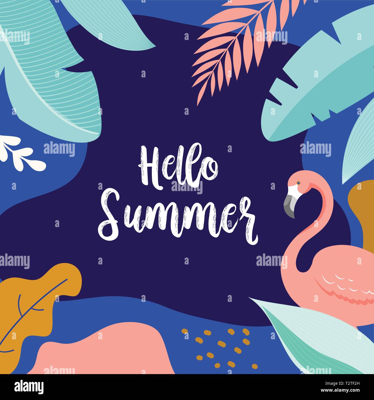 Hello Summer, vector banner design with flamingo and tropical leaves ...