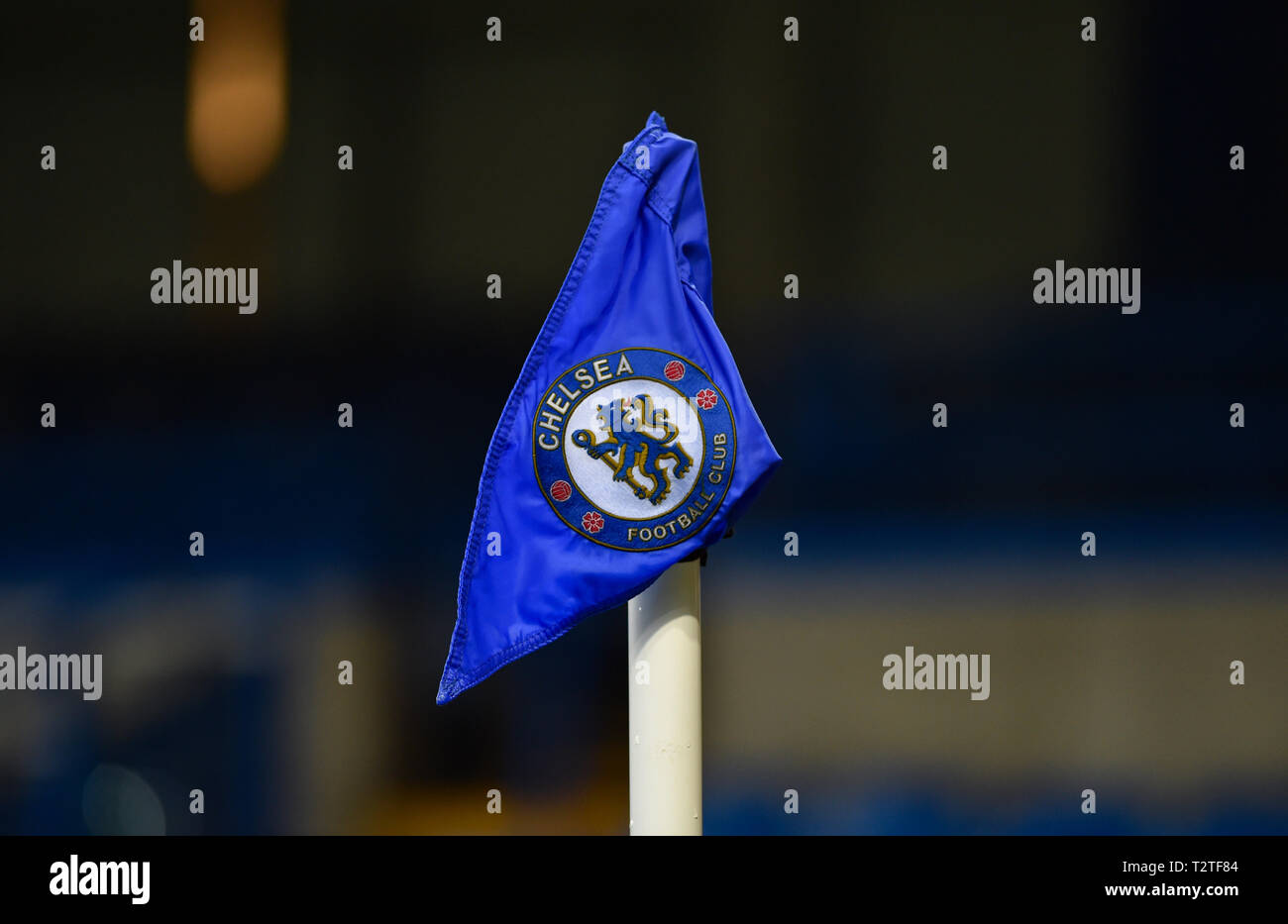 The Premier League Chelsea corner flag at Stamford Bridge . 3 April 2019 Editorial use only. No merchandising. For Football images FA and Premier League restrictions apply inc. no internet/mobile usage without FAPL license - for details contact Football Dataco Stock Photo