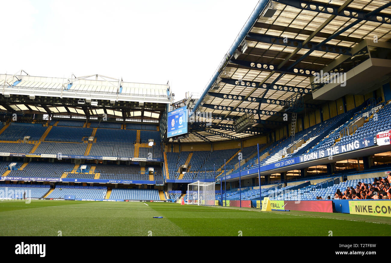 The Premier League match between Chelsea and Brighton & Hove Albion at Stamford Bridge . 3 April 2019 Editorial use only. No merchandising. For Football images FA and Premier League restrictions apply inc. no internet/mobile usage without FAPL license - for details contact Football Dataco Stock Photo