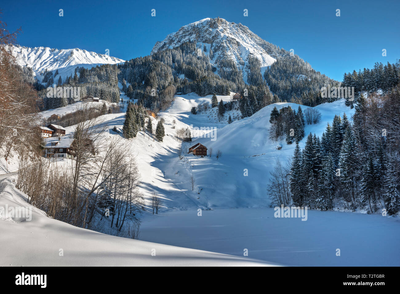 Austria, Biosphere Park Grosses Walsertal, Seewaldsee iced alpine lake, mountain hut Stock Photo