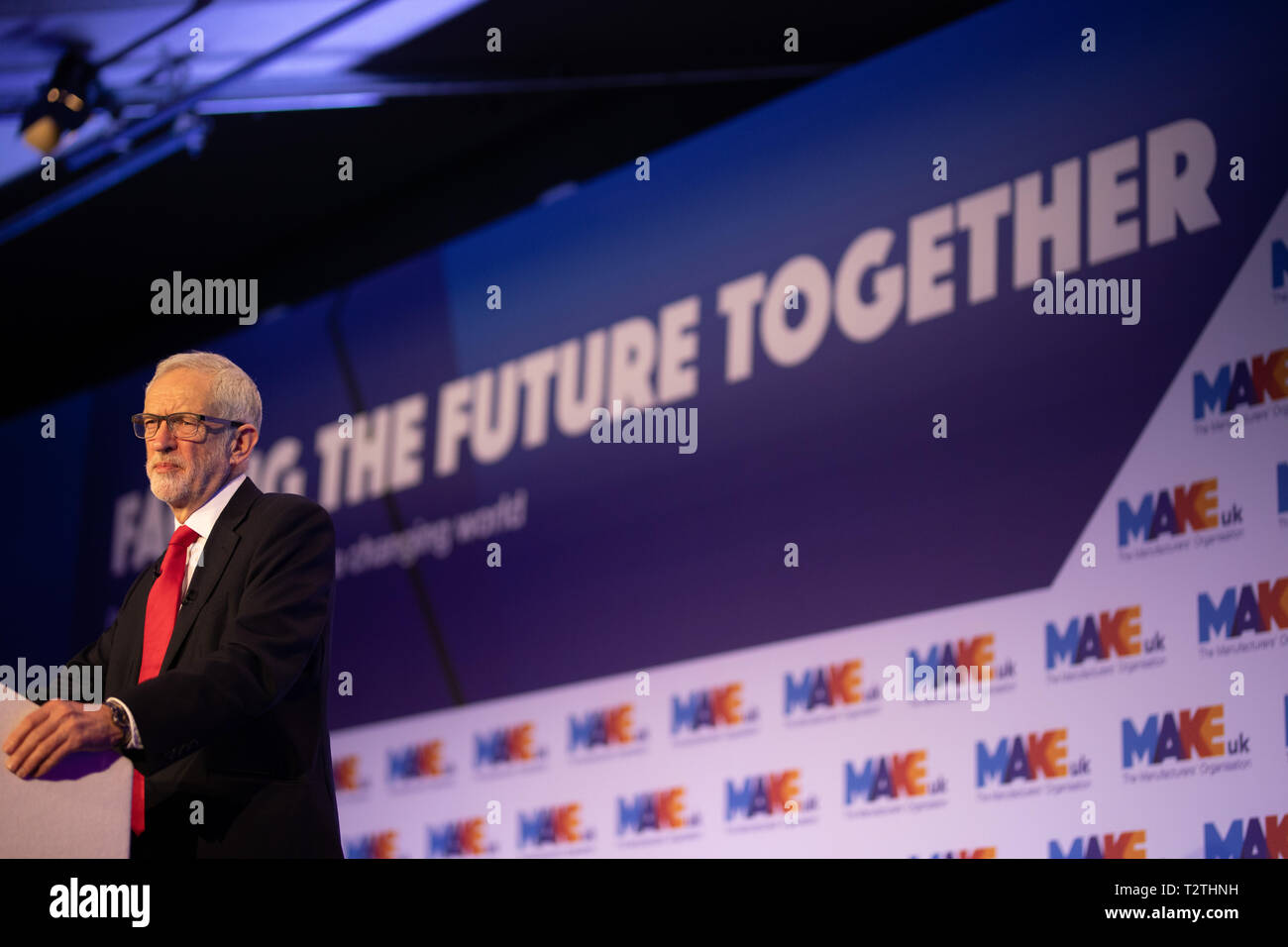 Jeremy Corbyn speaks to the EEF (Engineering Employers' Federation) at the Queen Elizabeth II Centre, London, UK. Stock Photo