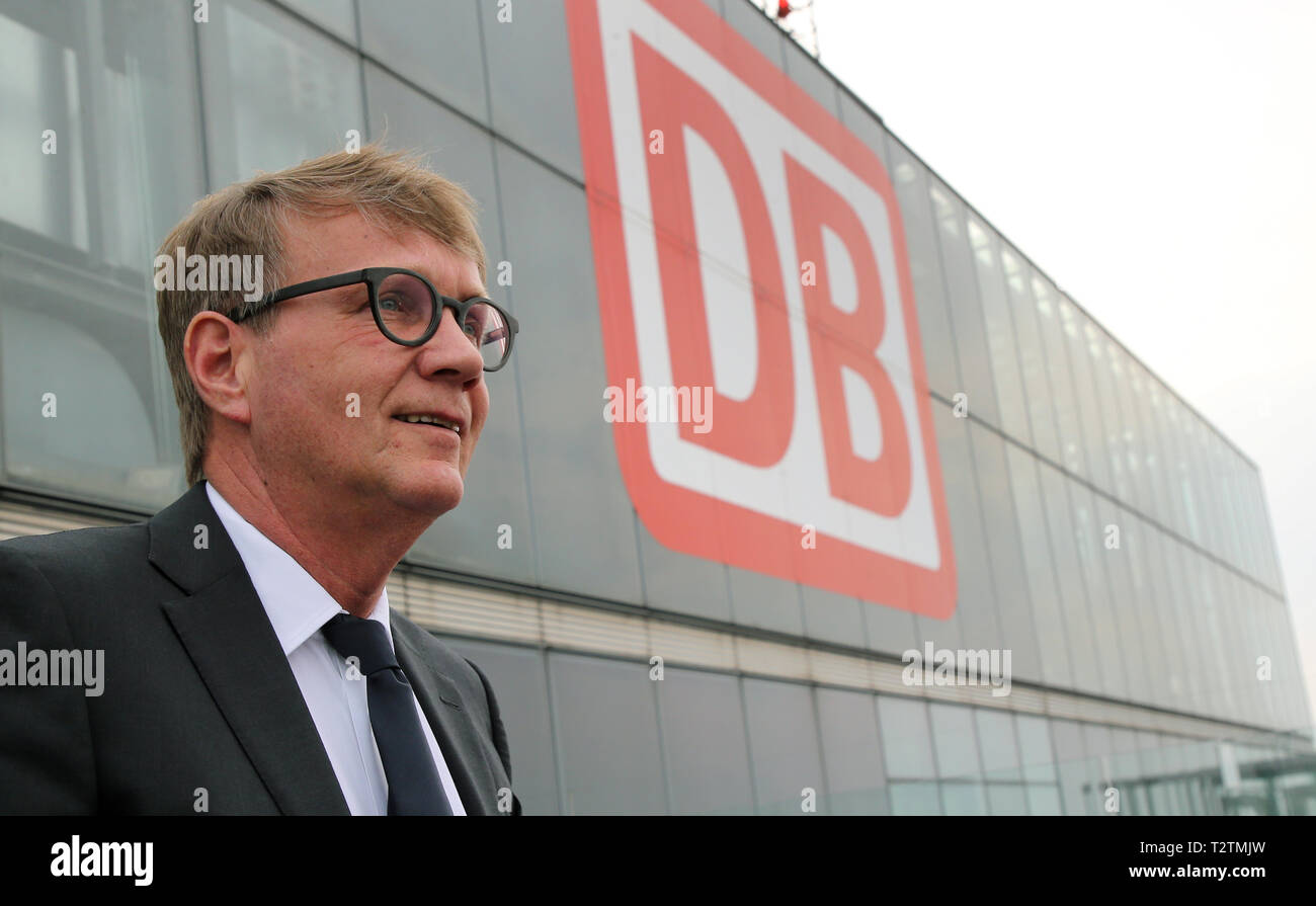 Berlin, Germany. 03rd Apr, 2019. Ronald Pofalla, Chief Infrastructure Officer of Deutsche Bahn, stands on the terrace of the Bahntower. Deutsche Bahn wants more money from the federal government to renew its rail network. According to current plans, the federal government intends to increase the funds for this from 3.5 billion euros at present to 4.5 billion euros per year. Credit: Wolfgang Kumm/dpa/Alamy Live News Stock Photo