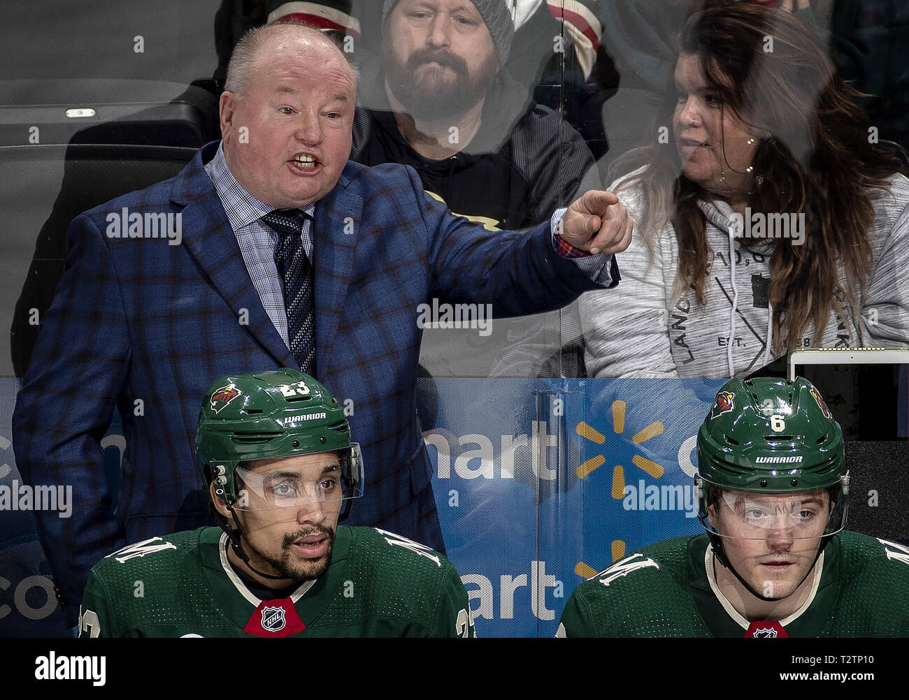St. Paul, MN, USA. 24th Feb, 2019. Minnesota Wild head coach Bruce Boudreau in the third period against the St. Louis Blues on February 24, 2019, at Xcel Energy Center in St. Paul, Minn. On Tuesday, April 2, 2019, the Wild defeated the visiting Winnipeg Jets, 5-1. Credit: Carlos Gonzalez/Minneapolis Star Tribune/ZUMA Wire/Alamy Live News Stock Photo