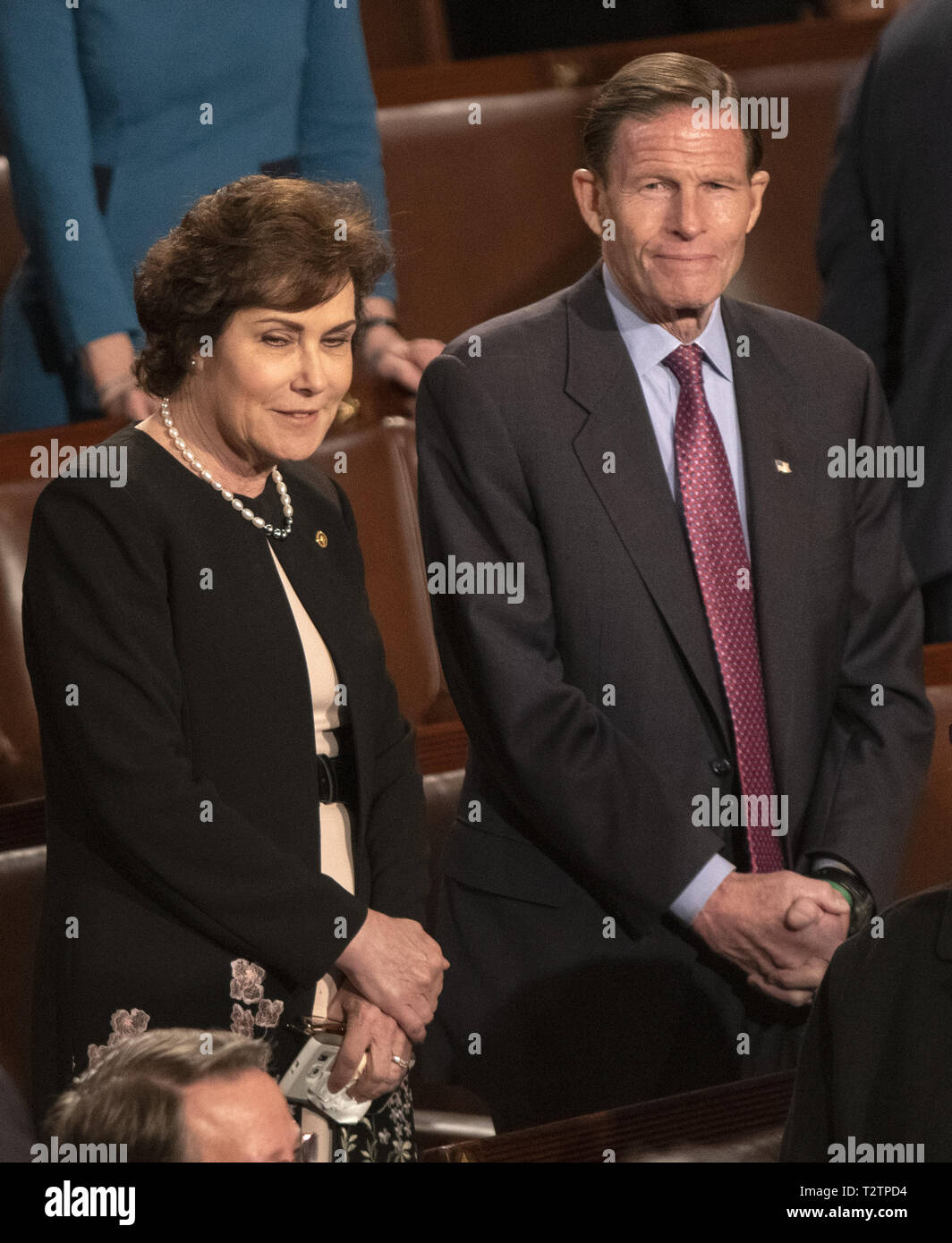 Washington, District of Columbia, USA. 3rd Apr, 2019. United States Senator Jacky Rosen (Democrat of Nevada), left, and US Senator Richard Blumenthal (Democrat of Connecticut), right, on the floor of the US House Chamber prior to the arrival of Jens Stoltenberg, Secretary General of the North Atlantic Treaty Organization (NATO) who will address a joint session of the United States Congress in the US Capitol in Washington, DC on Wednesday, April 3, 2019 Credit: Ron Sachs/CNP/ZUMA Wire/Alamy Live News Stock Photo