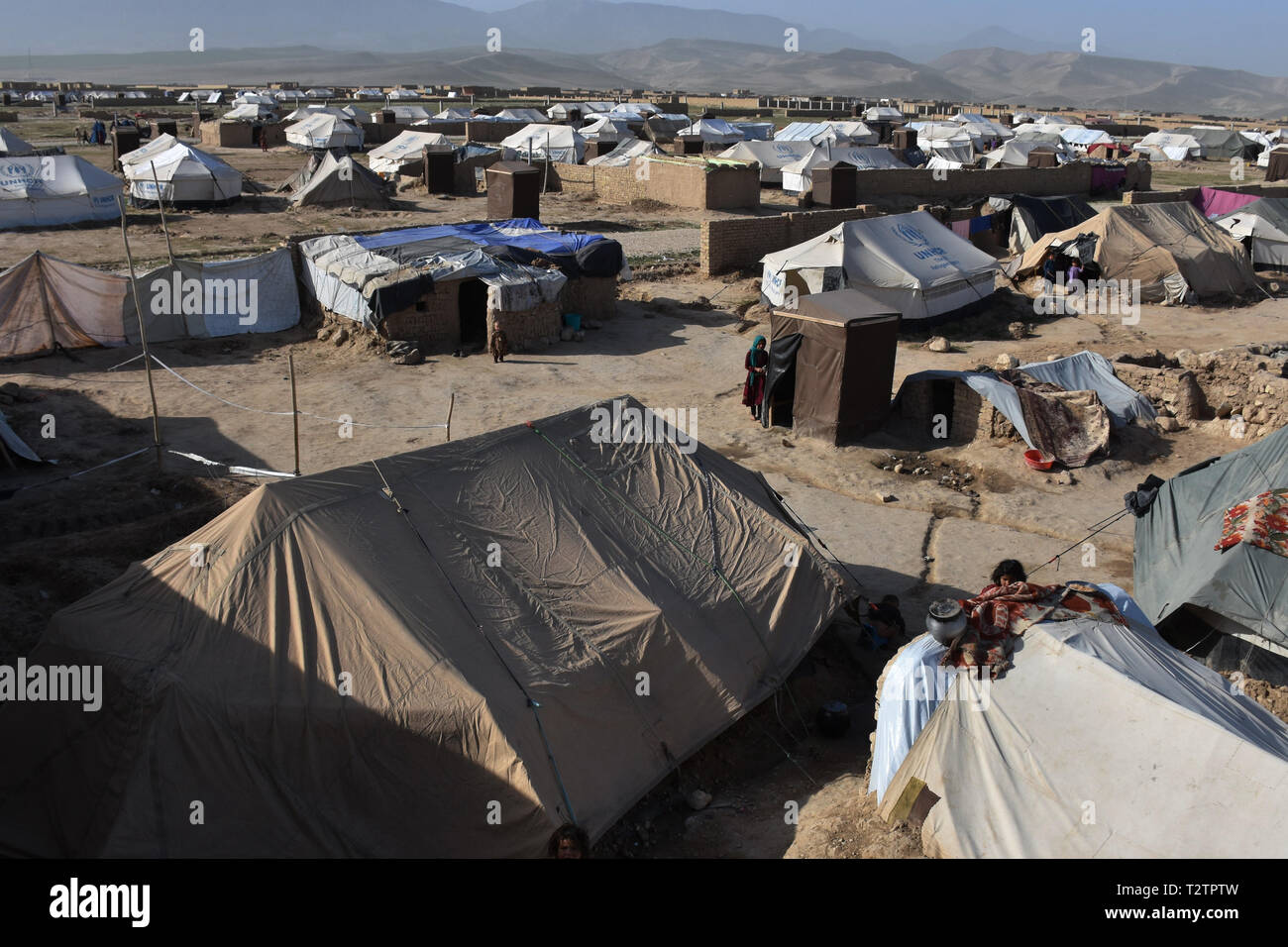 Balkh. 4th Apr, 2019. Photo taken on April 4, 2019 shows a makeshift camp in Mazar-i-Sharif, capital of Balkh province, Afghanistan. More than 42,000 Afghans have been displaced following flooding in the country within the past one month and most needs supplies, the UN Office for the Coordination of Humanitarian Affairs (OCHA) reported on Wednesday. Credit: Kawa Basharat/Xinhua/Alamy Live News Stock Photo