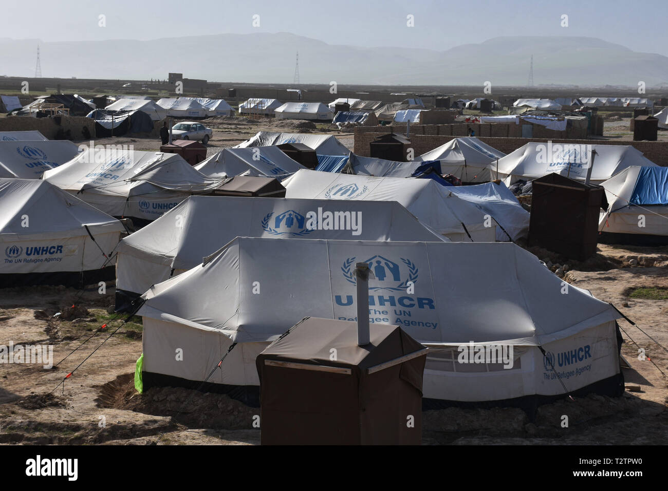 Balkh. 4th Apr, 2019. Photo taken on April 4, 2019 shows a makeshift camp in Mazar-i-Sharif, capital of Balkh province, Afghanistan. More than 42,000 Afghans have been displaced following flooding in the country within the past one month and most needs supplies, the UN Office for the Coordination of Humanitarian Affairs (OCHA) reported on Wednesday. Credit: Kawa Basharat/Xinhua/Alamy Live News Stock Photo