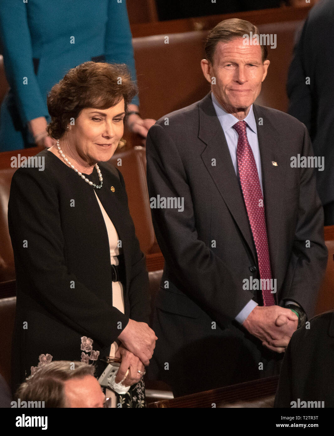 United States Senator Jacky Rosen (Democrat of Nevada), left, and US Senator Richard Blumenthal (Democrat of Connecticut), right, on the floor of the US House Chamber prior to the arrival of Jens Stoltenberg, Secretary General of the North Atlantic Treaty Organization (NATO) who will address a joint session of the United States Congress in the US Capitol in Washington, DC on Wednesday, April 3, 2019. Credit: Ron Sachs/CNP | usage worldwide Stock Photo