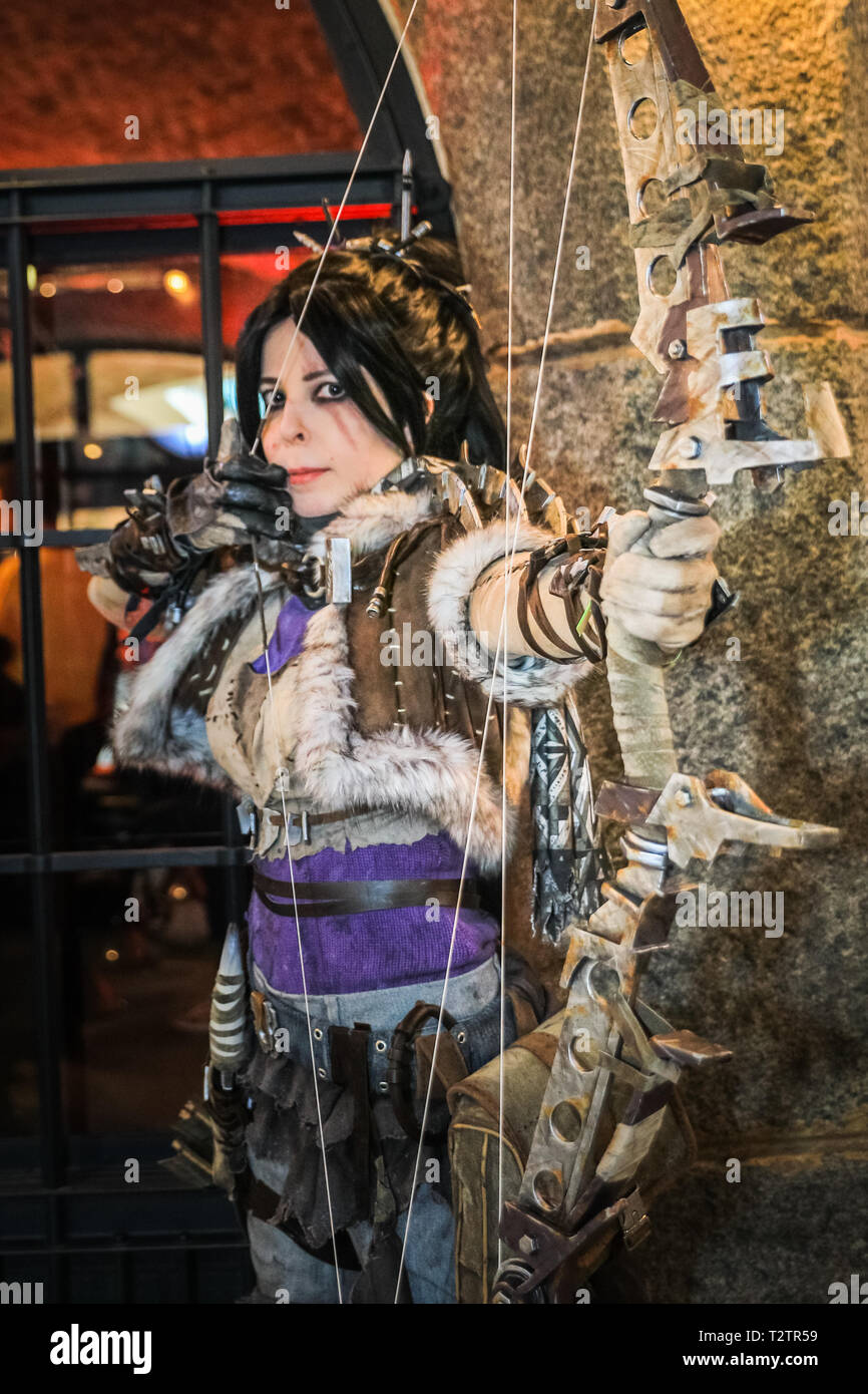 Tobacco Dock, London, UK, 4th April 2019.  Character Issa from Fade to Silence poses at the event. Gamers, developers and console players of all ages once again meet at EGX Rezzed in London's Tobacco Dock, which showcases the latest games, including pre-releases, as well as encouraging visitors to try and play both interactive video games as well as some old-fashioned board games. Rezzed runs April 4-6th and is part of London Games Festival. Credit: Imageplotter/Alamy Live News Stock Photo