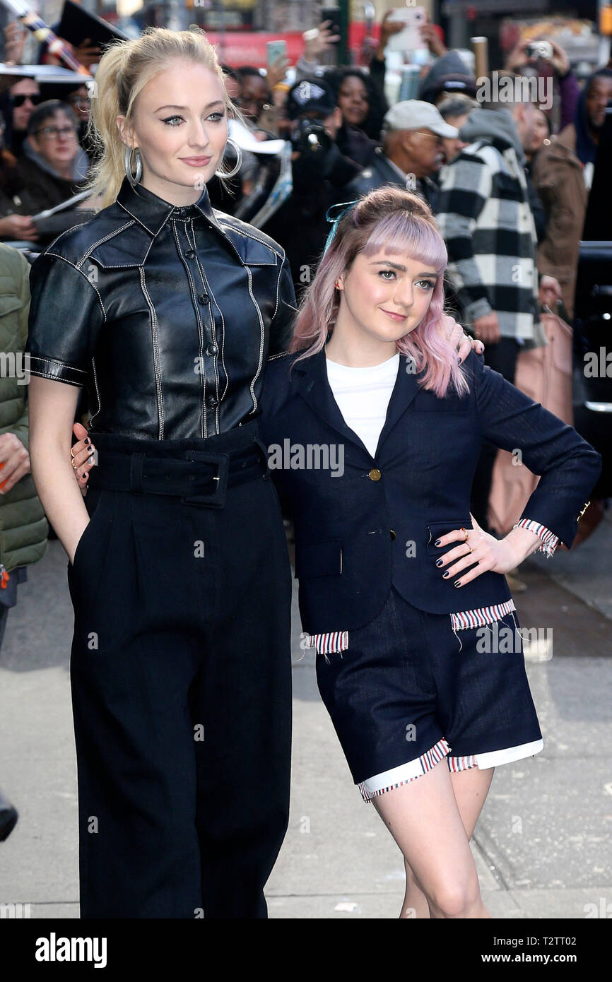 Sophie Turner and Maisie Williams visit the 'Good Morning America' TV Show at Times Square Studios on April 2, 2019 in New York City. Stock Photo