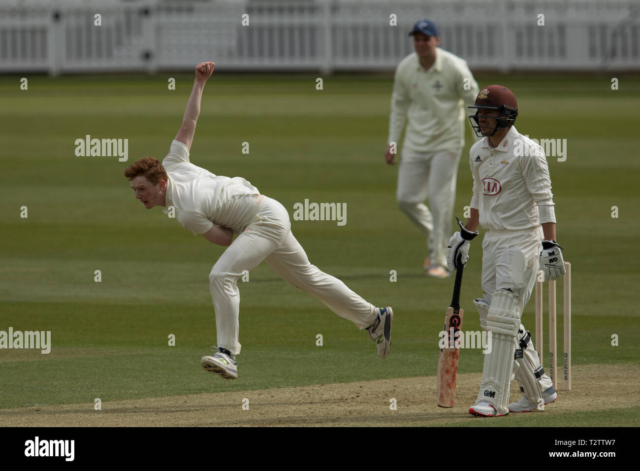 London, UK. 4th Apr, 2019. JF Emanual bowling for Durham MCCU as Surrey take on Durham MCCU at the Kia Oval on day one of the 3 day match. Credit: David Rowe/Alamy Live News Stock Photo