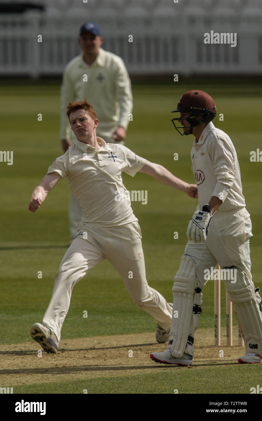 London, UK. 4th Apr, 2019. JF Emanual bowling for Durham MCCU as Surrey take on Durham MCCU at the Kia Oval on day one of the 3 day match. Credit: David Rowe/Alamy Live News Stock Photo