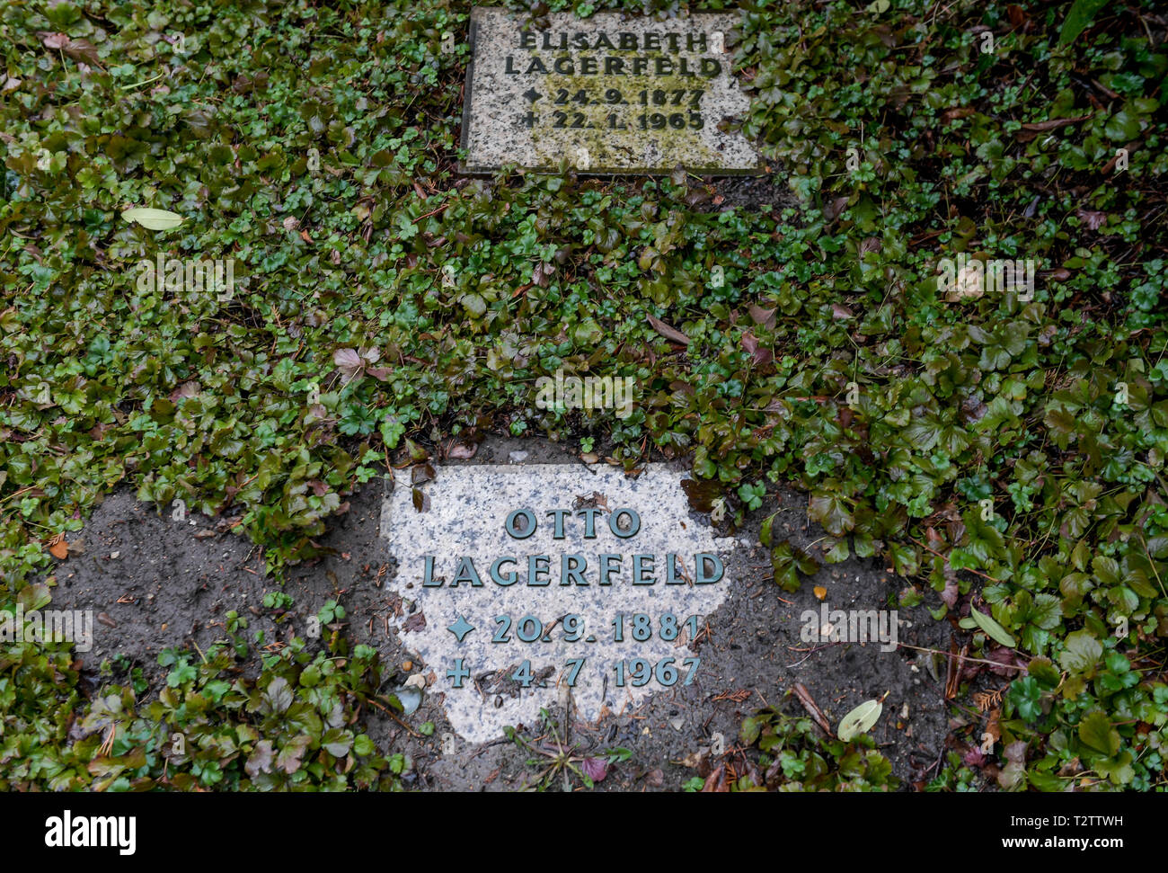 Hamburg, Germany. 19th Feb, 2019. Rain falls on the gravestones of Elisabeth  and Otto Lagerfeld, the parents of the late fashion designer Karl Lagerfeld,  at the Nienstetten cemetery. Credit: Axel Heimken/dpa/Alamy Live