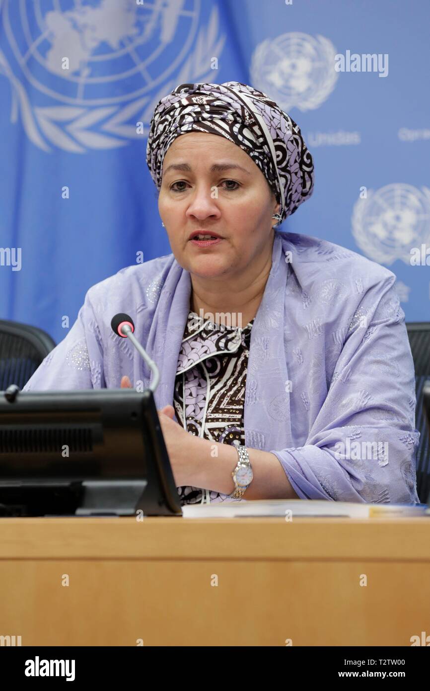 United Nations, New York, USA, April 04, 2019 - Press Briefing by UN Deputy  Secretary-General, Amina J. Mohammed, on the “Financing for Sustainable  Development Report 2019” today at the UN Headquarters in