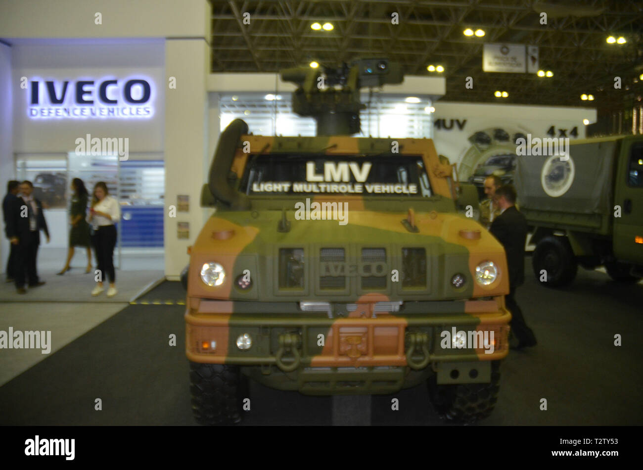 Rio De Janeiro, Brazil. 04th Apr, 2019. Iveco presents LMV vehicle during LAAD Defense &amp; Security International Defense and Security Fair, the largest and most important defensd security fair in Latin Ame America. The exhibition brings together manufacturers and suppliers of technologies for the Armed Forces, Special Forces, Police and Managers is held this Thursday (04) in the complex of events and conventions of Riocentro in Barra da Tijuca in the western zone of the city of Rio de Janeiro, RJ. Credit: Luiz Gomes/FotoArena/Alamy Live News Stock Photo