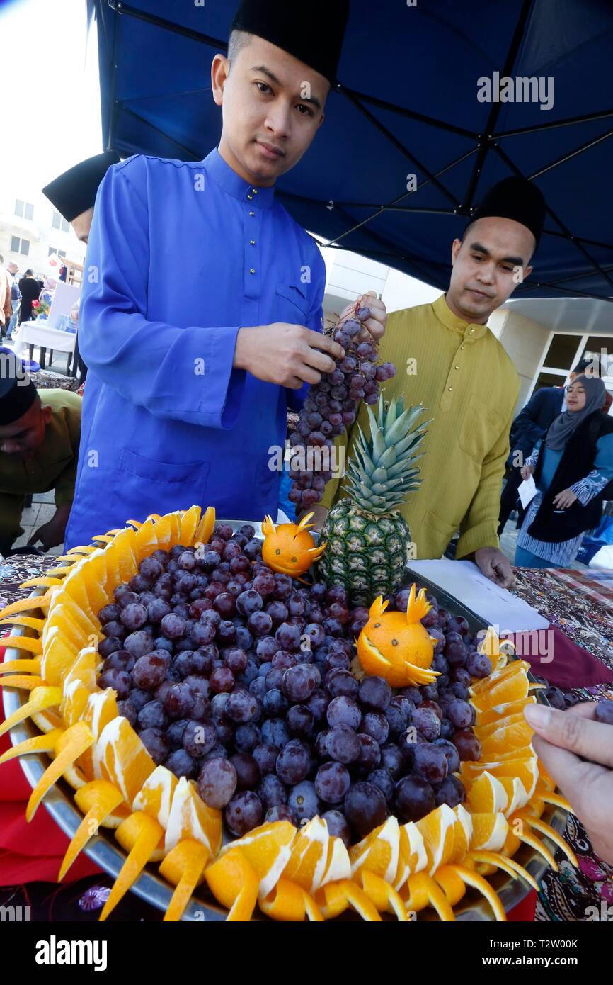 Beirut Lebanon 4th Apr 2019 Staff Members Prepare Fruits At The Stall Of Malaysia At The Asian Gourmet Festival On The Campus Of The Lebanese University In Beirut Lebanon April 4 2019