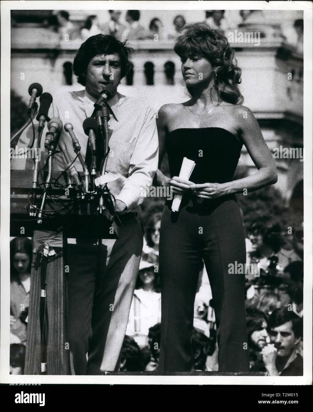 May 6, 1979, Washington, DC, U.S. : Movie star JANE FONDA, star of new anti-nuke movie ''The China Syndrome'', with husband/political activist TOM HAYDEN, at the largest gathering of anti-nuclear protests in USA history, to this date, on the steps of US Capital building, in the nations capital. 125,000 people including the Governor of California, attended today's march and rally against nuclear power, reacting to the recent, Three Mile Island March 28, 1979 accident, US commercial nuclear power plant history most significant accident. Rated a five on the seven-point International Nuclear Even Stock Photo