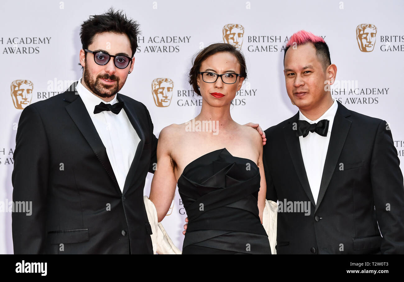 London, UK. 4th April, 2019. Kevin Penkin, Kamina Vincent and Ken Wong Arrivers at the British Academy (BAFTA) Games Awards at Queen Elizabeth Hall, Southbank Centre on 4 March 2019, London, UK. Credit: Picture Capital/Alamy Live News Stock Photo