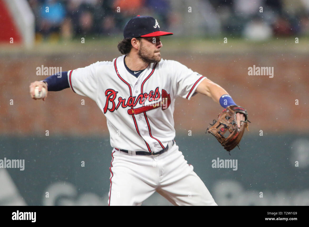 Atlanta, GA, USA. 4th Apr, 2019. Atlanta Braves shortstop Dansby Swanson  (7) throws a runner out at first during MLB action between the Chicago Cubs  and the Atlanta Braves at SunTrust Park