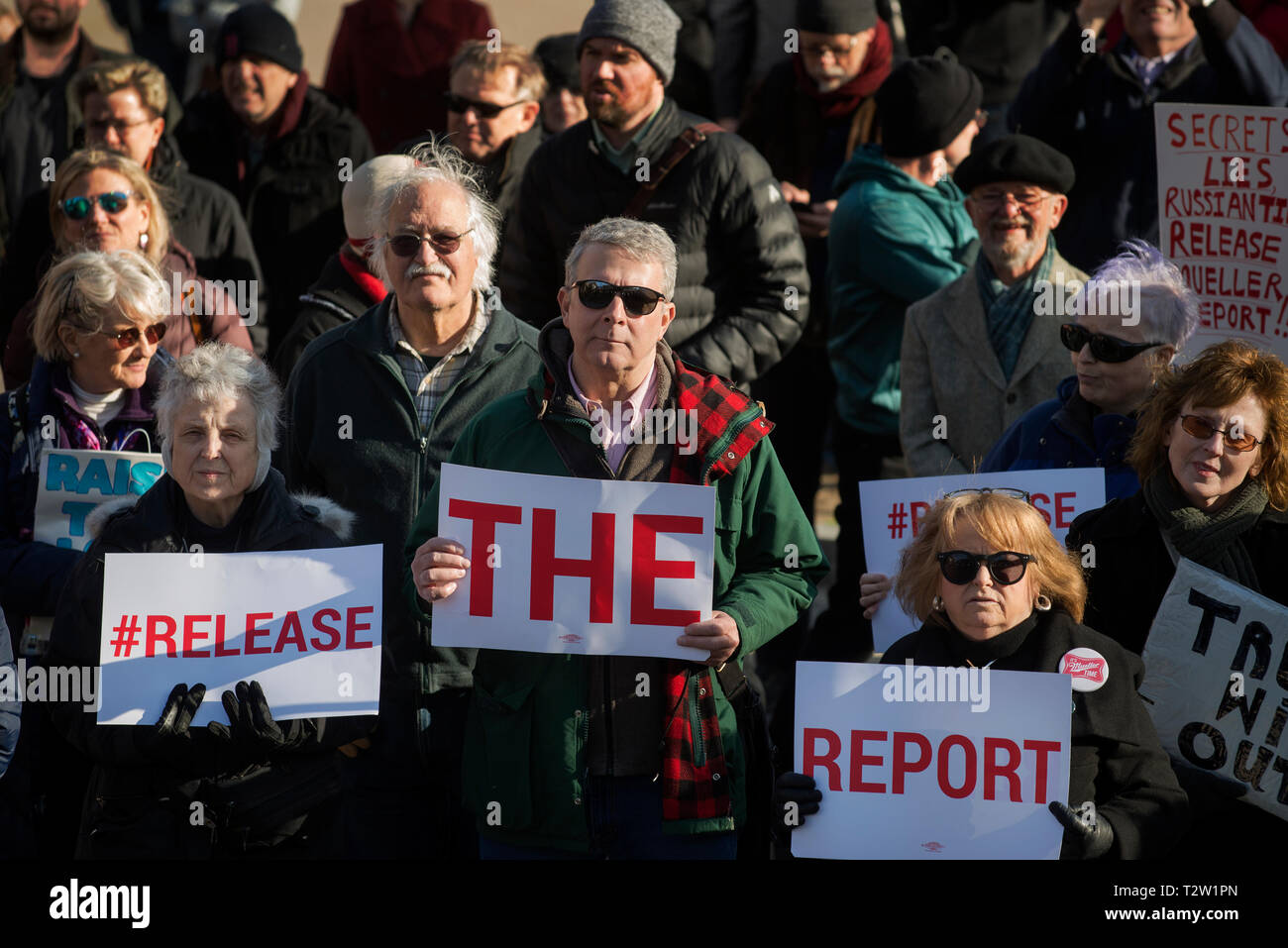 Boston, MA, USA April 4th 2019.  Over 500 demonstrators gathered on the Boston Common, across the street from the Massachusetts State House in central Boston to demand the release of the Mueller investigation into Current U.S. President Donald Trump.  Protests demanding the full release of the Mueller investigation into Russian involvement in the 2016 American presidential election and Trump's alleged obstruction of justice took place in cities across America on April 4th 2019. Credit: Chuck Nacke / Alamy Live News Stock Photo