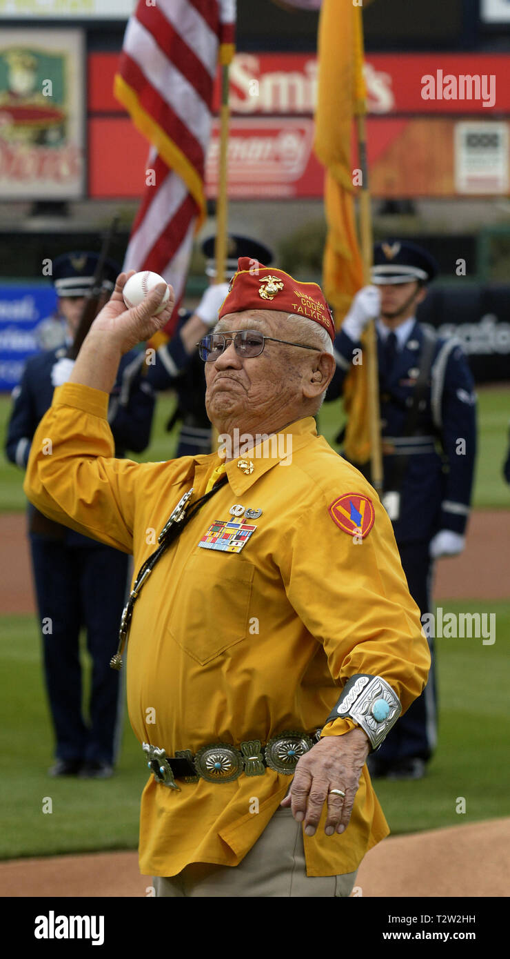 U.S. 4th Apr, 2019. SPORTS -- World War II Navajo Code Talker Thomas H. Begay of Window Rock, AZ throws out a ceremonial pitch before the Isotopes game against Salt Lake at Isotopes Park on Thursday, April 4, 2019. Credit: Greg Sorber/Albuquerque Journal/ZUMA Wire/Alamy Live News Stock Photo