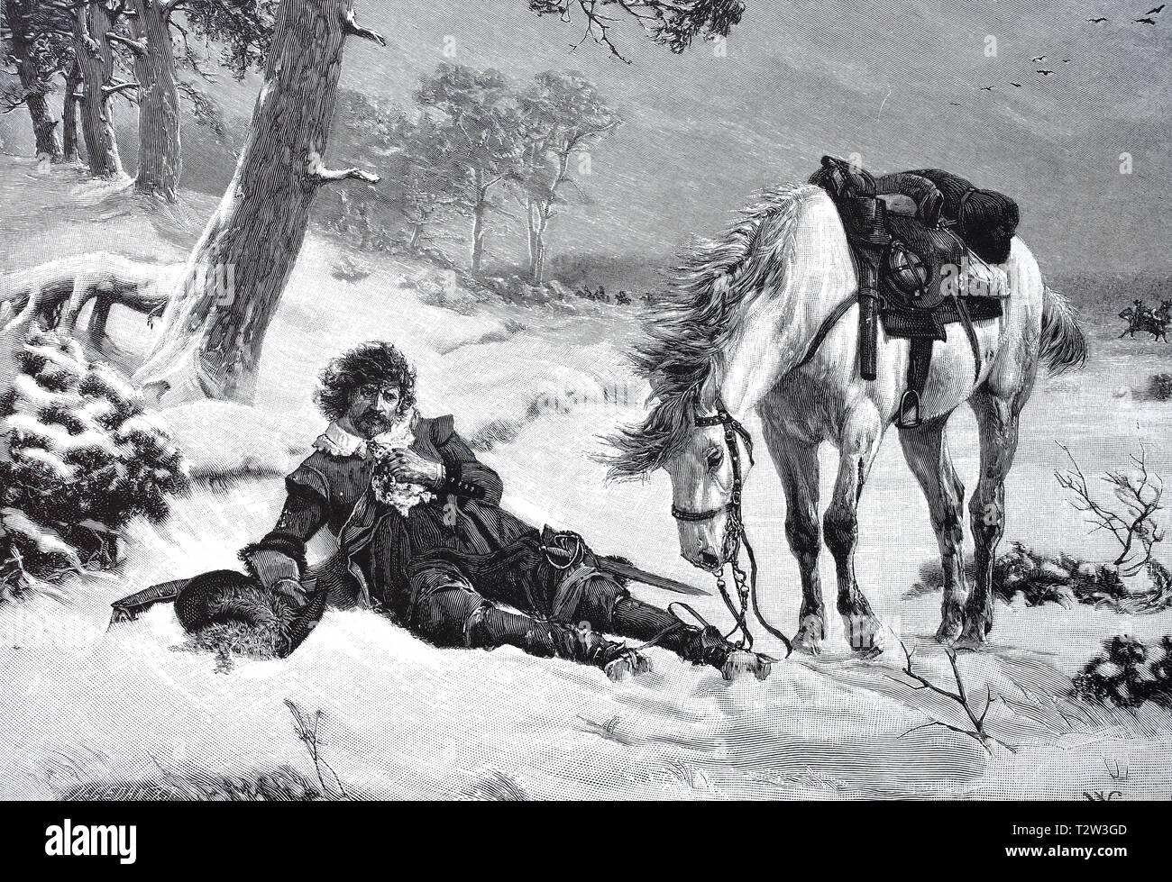 After lost battle, seriously injured from the horse like bled to death the soldier in the road edge, Nach verlorener Schlacht, schwer verletzt vom Pferd gefallen verblutet der Soldat am Wegesrand Stock Photo