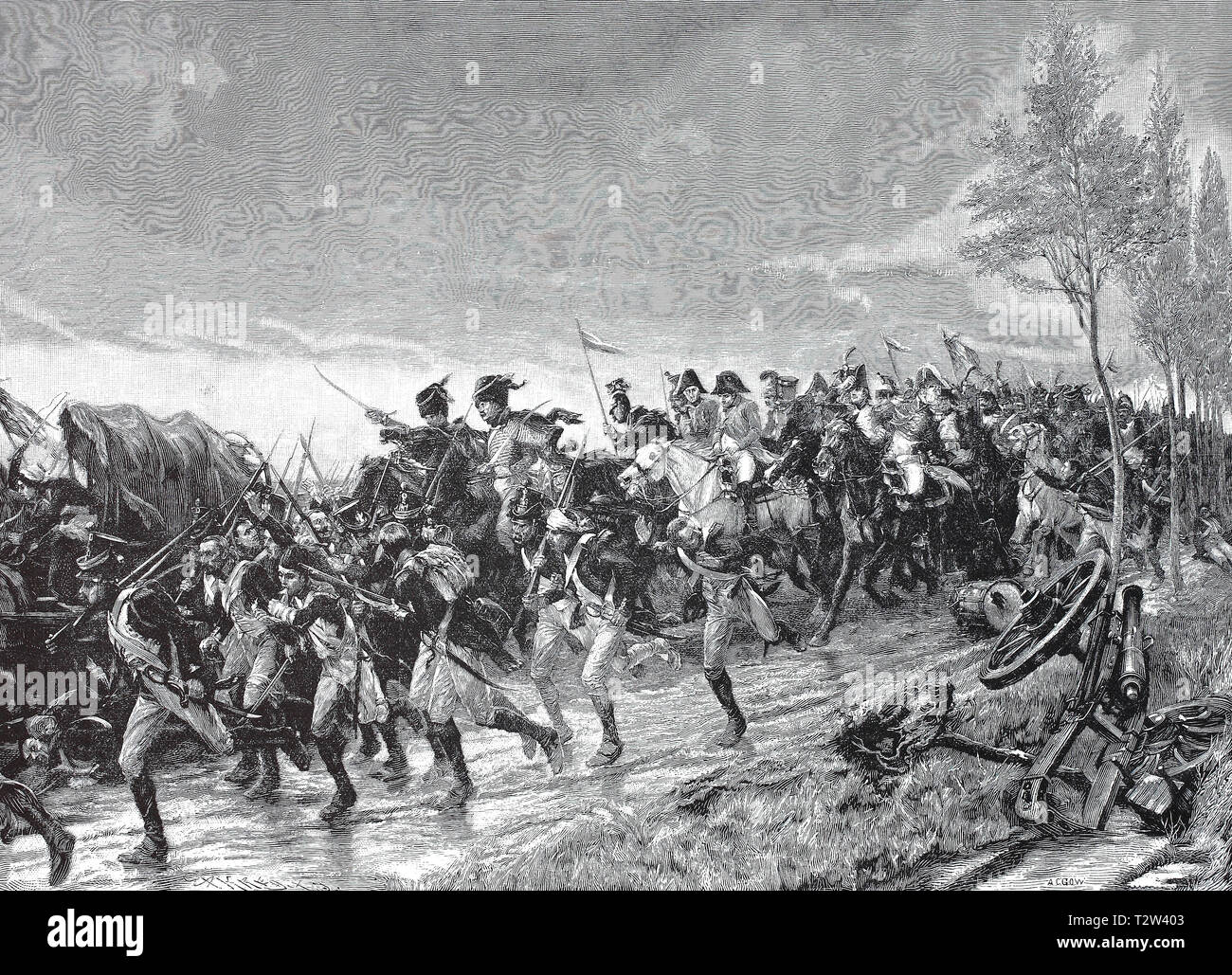 The escape of Napoleon and his troops after the battle with Belle-Alliance, Die Flucht von Napoleon und seinen Truppen nach der Schlacht bei Belle-Alliance Stock Photo