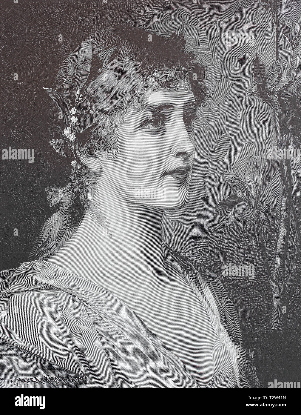 Petracas Laura, after a painting of Conrad Kiesel, woman by noble trains, simply parted hair, sprig of laurel, nach einem Gemälde von Conrad Kiesel, Frau mit edlen Zügen, schlicht gescheiteltem Haar, Lorbeerzweig Stock Photo