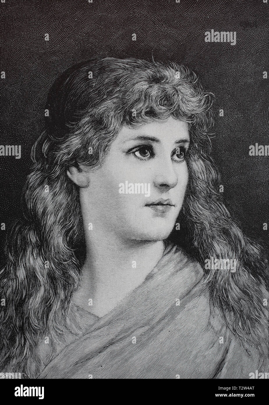 Portrait of a girl with long hair from the 19th century, Porträt eines Mädchen mit langen Haaren aus dem 19. Jahrhundert Stock Photo