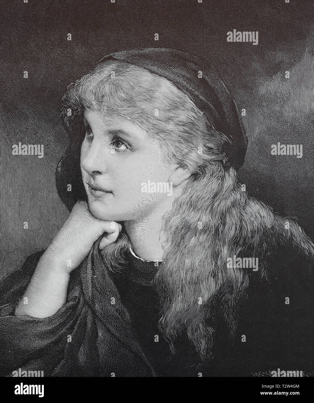 Mignon, after a painting of Gabriel Max, girl with long blond hair, portrait with propped up chin, nach einem Gemälde von Gabriel Max, Mädchen mit langen blonden Haaren, Porträt mit aufgestütztem Kinn Stock Photo