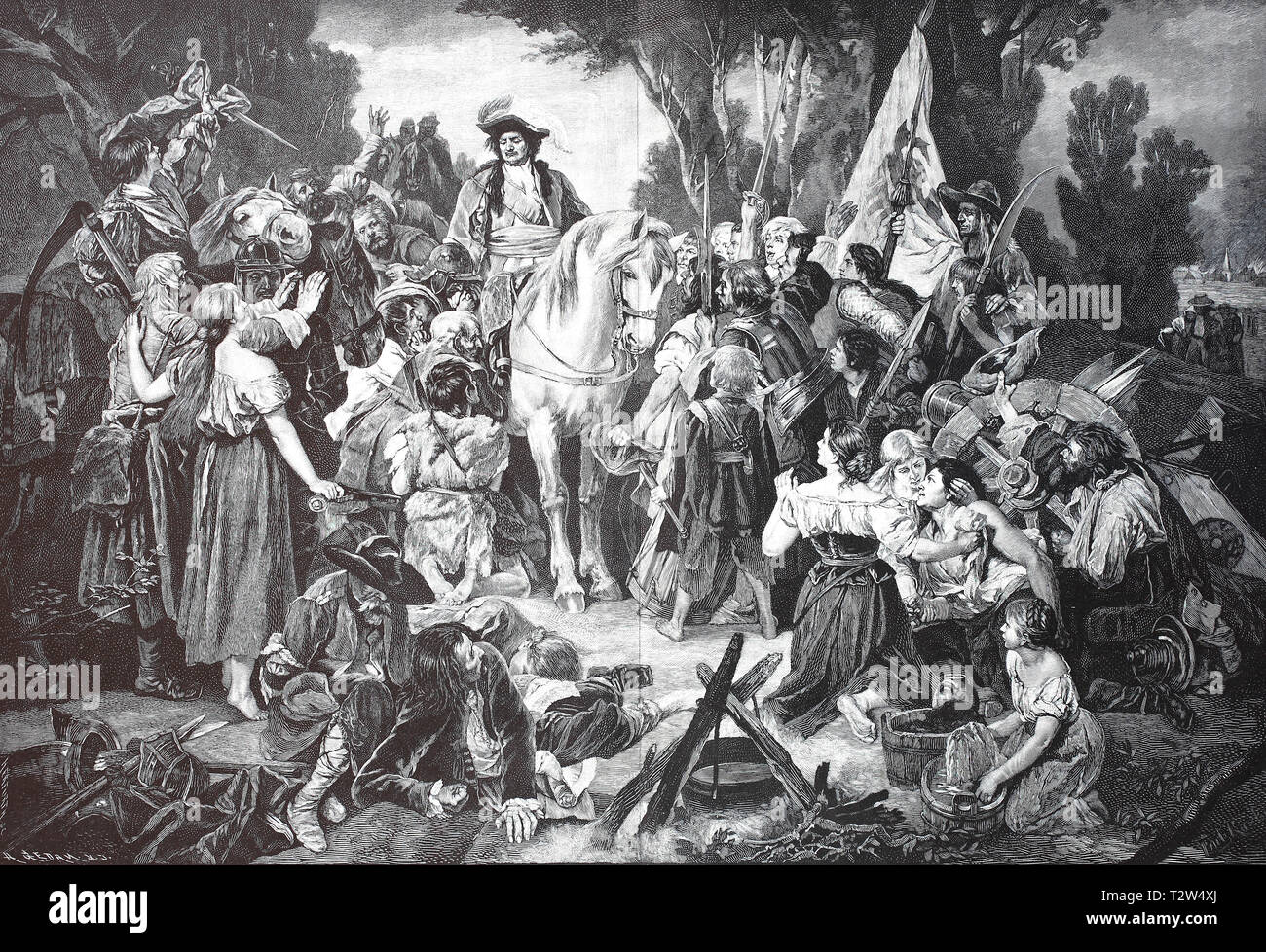 The tallness elector, Friedrich Wilhelm von Brandenburg, in 1620-1688, comforts the rural population after the Swede's war, Der Große Kurfürst, 1620-1688, tröstet das Landvolk nach dem Schwedenkrieg Stock Photo