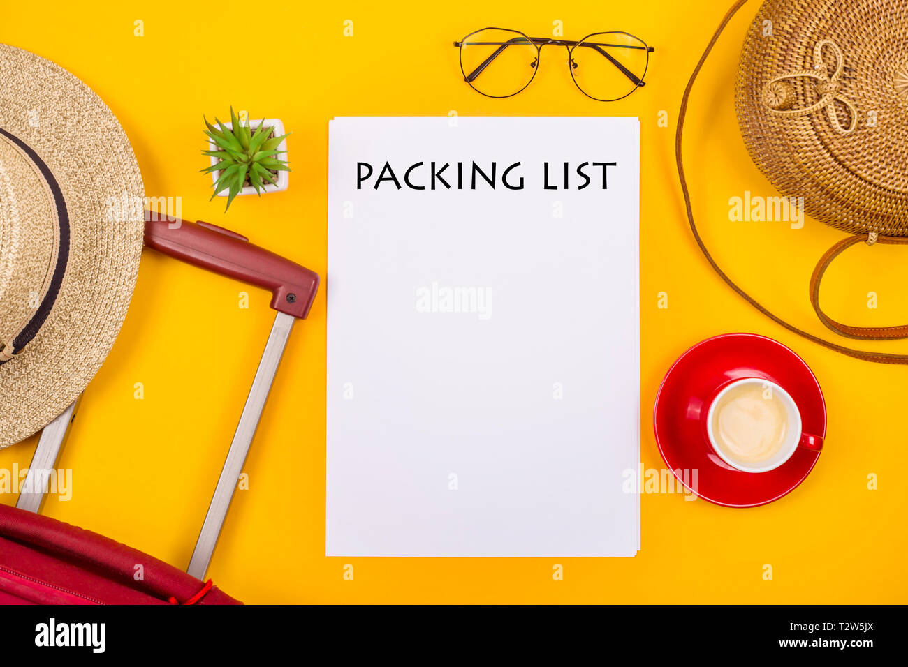 The Packing List For The Trip Is Next To A Suitcase A Cup Of Coffee And