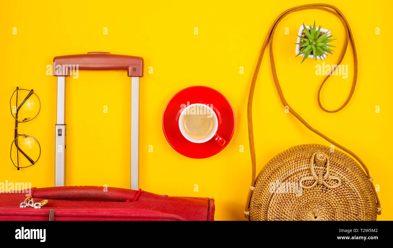Download Suitcase Straw Bag And Cup Of Coffee On Yellow Background Travel Planning Concept Top View Flat Lay Stock Photo Alamy PSD Mockup Templates