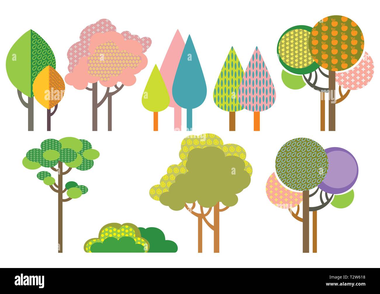 Colorful decorative outline funny trees with seamless pattern forms. Vector cartoon flat illustration in different colors isolated on white background Stock Vector
