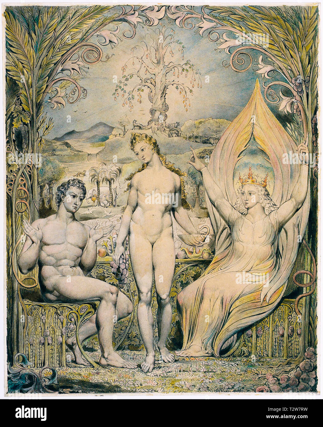 William Blake, The Archangel Raphael with Adam and Eve, painting, pen and ink with watercolour, illustration, 1808 Stock Photo