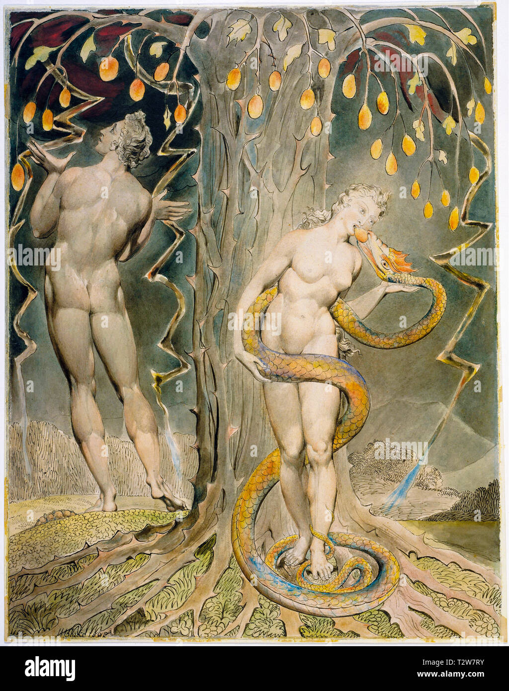 William Blake, The Temptation and Fall of Eve, Adam and Eve painting, pen and ink with watercolour, illustration, 1808 Stock Photo