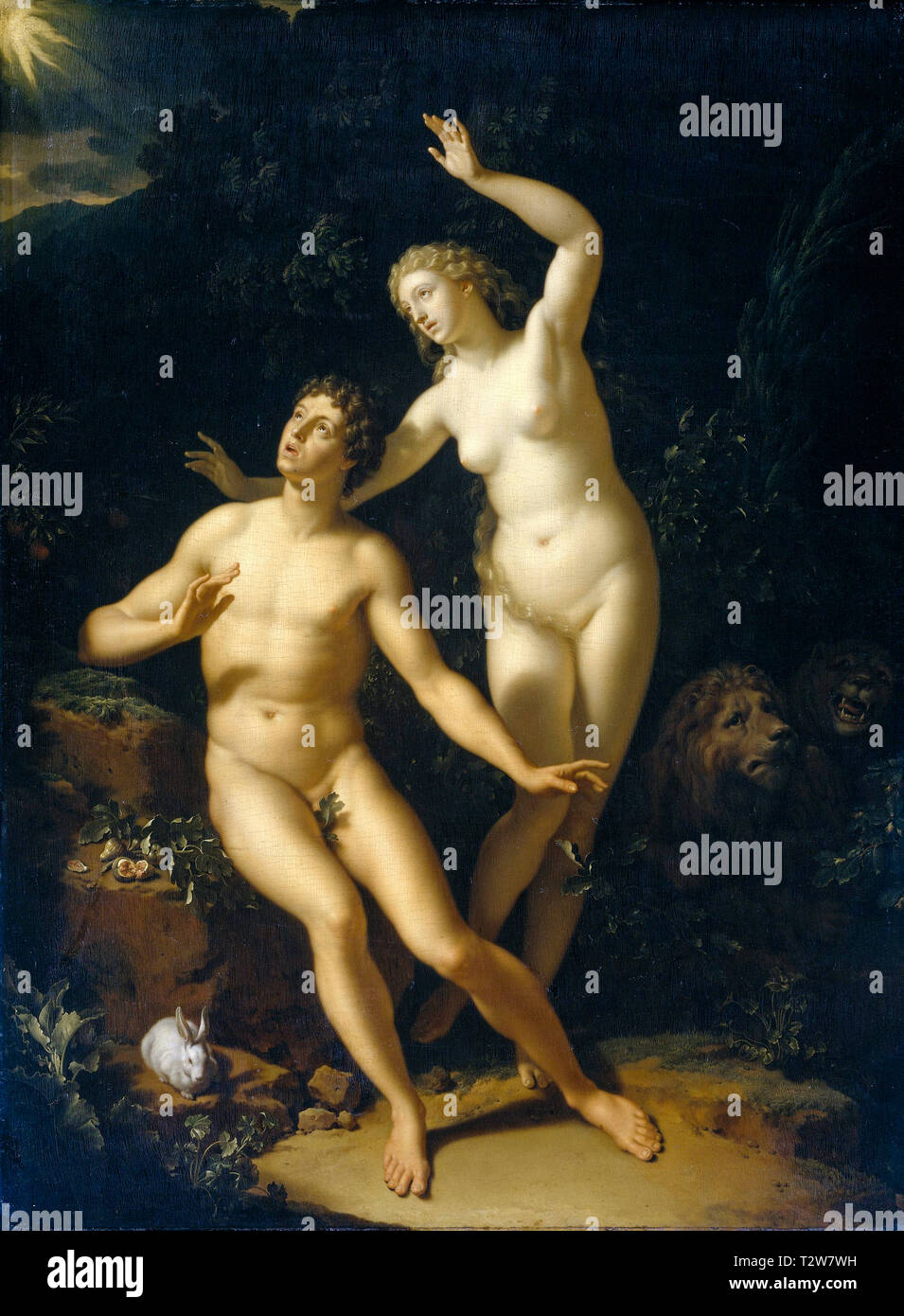 God Holds Adam and Eve Responsible, painting by Adriaen van der Werff, 1717 Stock Photo
