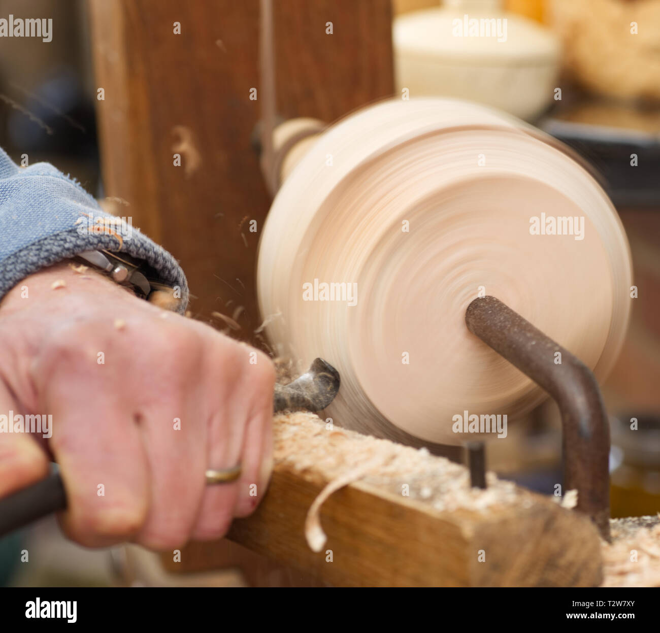 Bowl turning on a pole lathe Stock Photo Alamy
